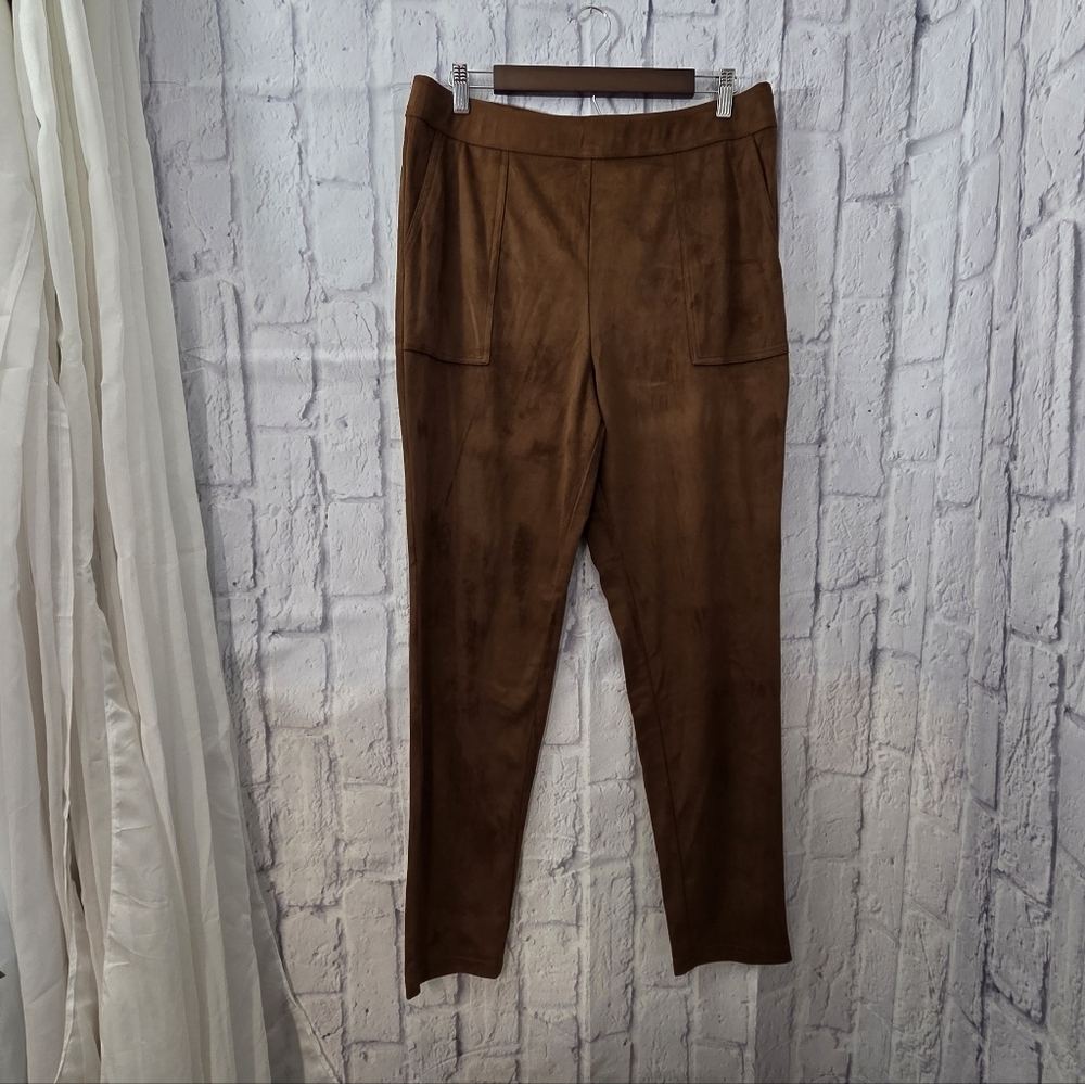 Versona Chic Large Brown Faux Suede Side Zip Tapered Leg Modern Trousers